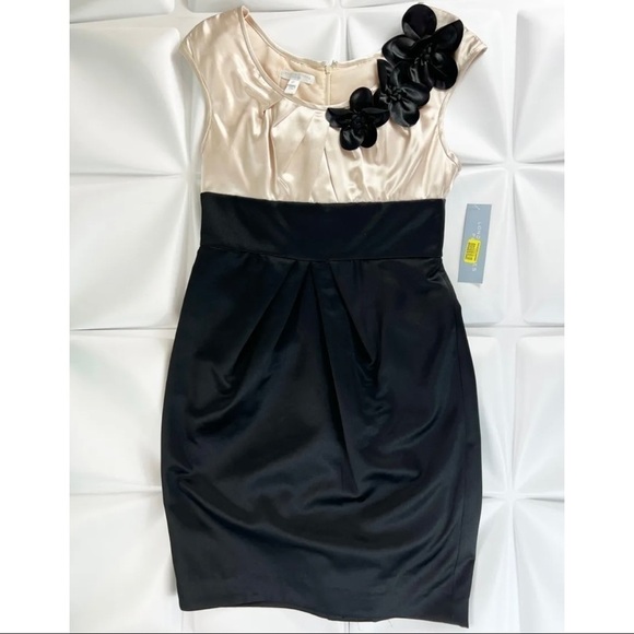 London Times Sz 8P 8 Petite Black Champagne Satin Sheath Pleated Dress NEW - Picture 1 of 8